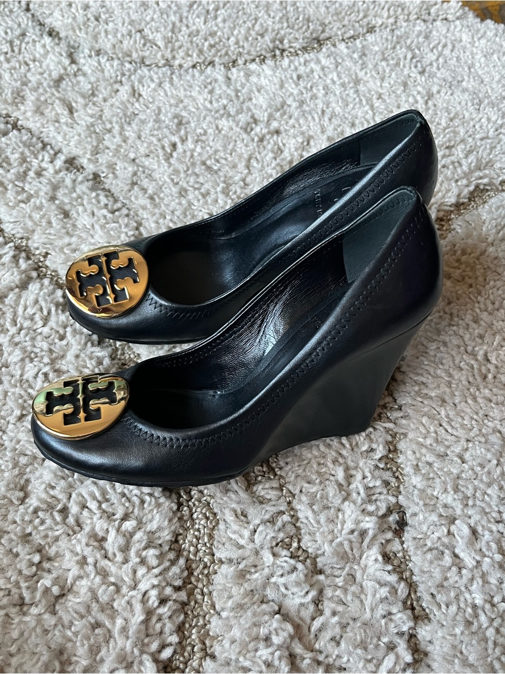 Tory Burch Black Leather wedges with Gold Logo Medallions